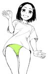  bare_legs cowboy_shot eyebrows forehead green_panties highres looking_at_viewer looking_down monochrome nakahara_kaihei ok_sign open_mouth panties shirt short_hair short_sleeves smile solo spot_color t-shirt underwear white_background 