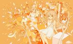  :d ahoge braid branch cevio confetti cube dress droplet food fruit highres ia_(vocaloid) looking_at_viewer monochrome multiple_girls one_(cevio) open_mouth orange orange_(color) sitting smile vocaloid wakakausa_ozora white_dress 