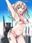  :d ahoge antenna_hair arm_up armpits bikini blush breasts commentary_request covered_nipples green_eyes hands_up holding_arm kantai_collection kinugasa_(kantai_collection) leaning_forward looking_at_viewer medium_breasts micro_bikini navel open_eyes open_mouth pink_hair rigging side-tie_bikini skindentation smile solo swimsuit tatsumi_ray 
