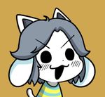  black_eyes blush brown_background chibi extra_ears grey_hair gyate_gyate lowres monster no_humans open_mouth shirt simple_background solo striped striped_shirt tail temmie undertale upper_body v-shaped_eyebrows yaruky 