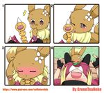  4koma absurdres artist_name bench blonde_hair blush brown_eyes closed_eyes comic eevee female_protagonist_(pokemon_go) fingerless_gloves flower gen_1_pokemon gloves grass greenteaneko hair_flower hair_ornament hand_to_own_mouth head_back highres implied_futanari licking one_eye_closed open_mouth phallic_symbol pokemon pokemon_(creature) pokemon_go sexually_suggestive simple_background sitting sweat sweatdrop tongue tongue_out vore watermark web_address weedle white_background wide-eyed 