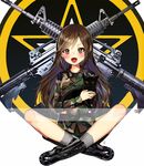  animal assault_rifle black_cat blush brown_hair cat female gambe gun holding_animal looking_at_viewer military military_uniform open_mouth original rifle smile soldier solo uniform weapon 