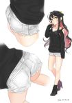  ama_mitsuki ass bare_shoulders black_hair blush boots collarbone commentary dated denim denim_shorts duplicate hair_bun hair_ribbon kantai_collection long_hair long_sleeves looking_at_viewer multicolored_hair multiple_views naganami_(kantai_collection) parted_lips pink_hair ribbon short_shorts shorts signature simple_background sleeves_past_wrists standing white_background white_shorts yellow_eyes 