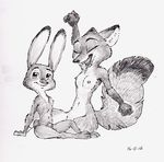  2016 animal_genitalia anthro black_nose breasts canine countershading crossgender disney duo ear_markings ears_up eyebrows eyelashes facial_markings female fluffy fluffy_tail fox front_view fur greyscale grin judy_hopps lagomorph long_ears looking_at_viewer lounging lying male mammal markings monochrome nick_wilde nipples nude open_mouth pen_(artwork) pencil_(artwork) penis portrait rabbit raised_eyebrows red_fox shaded sheath simple_background small_breasts steve_gallacci traditional_media_(artwork) two_tone_tail white_background yawn zootopia 