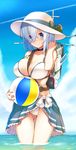  alternate_costume ass ass_visible_through_thighs ball beachball belt between_breasts bikini blue_eyes blue_sky blush breasts choker cloud collarbone commentary_request day frills green_ribbon grey_hair hair_ornament hair_over_one_eye hairclip hamakaze_(kantai_collection) hat kantai_collection large_breasts looking_at_viewer machinery outdoors ribbon sarong short_hair silver_hair sky smile smoke_trail solo sukebewe sun_hat swimsuit thigh_gap thighs wading water white_hat 