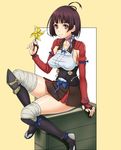  bandaged_leg bandages breasts brown_eyes brown_hair covered_nipples gegera hakama_skirt koutetsujou_no_kabaneri large_breasts long_sleeves looking_at_viewer mumei_(kabaneri) neck_ribbon pinwheel puffy_nipples ribbon short_hair sitting skirt smile solo 