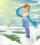  5_fingers blue_feathers clothed clothing cloud crossed_arms day ear_piercing eyelashes feathered_wings feathers friendship_is_magic gor1ck hair human humanized looking_at_viewer mammal multicolored_hair my_little_pony outside piercing pink_eyes rainbow_dash_(mlp) rainbow_hair sky slim spread_wings standing sun white_skin wings 