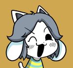  black_eyes blush brown_background chibi extra_ears grey_hair gyate_gyate lowres monster no_humans one_eye_closed open_mouth shirt simple_background solo striped striped_shirt tail temmie undertale upper_body v-shaped_eyebrows yaruky 