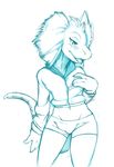  2016 anthro anthrofied blue_and_white blush booty_shorts bulge byondrage capcom clothing crop_top frill front_view girly great_jaggi hand_on_chest hoodie looking_away male monochrome monster_hunter open_mouth portrait reptile scalie sharp_teeth shirt sketch slit_pupils smile solo standing teeth three-quarter_portrait video_games 