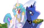  2016 angry blue_eyes blue_feathers blue_fur blue_hair box crown cutie_mark duo equine feathered_wings feathers female feral friendship_is_magic fur hair horn jewelry magic mammal multicolored_hair my_little_pony necklace open_mouth princess_celestia_(mlp) princess_luna_(mlp) purple_eyes simple_background ta-na tongue tongue_out white_background white_feathers white_fur winged_unicorn wings 