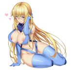  1girl areolae blonde_hair blue_eyes blush bodysuit breasts curvy full_body gloves hand_on_head heart huge_breasts large_breasts legs light-skinned long_hair looking_at_viewer masou_gakuen_hxh navel nipples shiny shiny_hair shiny_skin simple_background solo stomach white_background wide_hips yurishia_farandole 