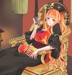  black_dress chinese_clothes commentary_request crescent cup dress hat holding holding_cup juliet_sleeves junko_(touhou) long_hair long_sleeves looking_at_viewer mayoln orange_hair parted_lips pink_eyes puffy_sleeves sash sitting solo tabard throne touhou very_long_hair wide_sleeves 
