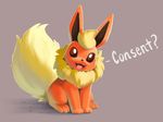  ajin ambiguous_gender blonde_hair brown_eyes consent dialogue eeveelution feral flareon fur hair looking_at_viewer nintendo open_mouth orange_fur pok&eacute;mon question solo text tongue video_games 