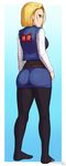  android_18 artist_name ass blonde_hair blue_eyes breasts denim denim_skirt dragon_ball dragon_ball_z from_behind full_body highres large_breasts long_sleeves looking_at_viewer looking_back miniskirt no_shoes pantyhose razalor short_hair skirt solo 