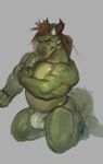  anthro biceps big_muscles brown_hair bulge clothed clothing darkgem dragon fangs green_body green_skin hair horn jockstrap kneeling looking_at_viewer male musclegut muscular muscular_male scalie solo topless underwear 