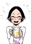  ^_^ alcohol beer beer_mug black_hair blush closed_eyes collarbone cup drunk eyebrows forehead freckles glasses happy highres holding holding_cup nakahara_kaihei open_mouth shirt short_hair solo teeth tongue white_shirt 