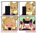  4koma absurdres animal artist_name bar_censor bench bestiality blonde_hair blush brown_eyes censored closed_eyes comic commentary creature eevee female_protagonist_(pokemon_go) fingerless_gloves flower gen_1_pokemon gloves grass greenteaneko hair_flower hair_ornament hand_to_own_mouth head_back highres implied_fellatio implied_futanari licking one_eye_closed open_mouth pokemon pokemon_(creature) pokemon_go sexually_suggestive simple_background sitting sweat sweatdrop tongue tongue_out watermark web_address white_background wide-eyed 