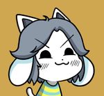 black_eyes blush brown_background chibi extra_ears grey_hair gyate_gyate lowres monster no_humans shirt simple_background solo striped striped_shirt tail temmie undertale upper_body v-shaped_eyebrows yaruky 