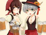  :d alcohol aqua_eyes bandana bangs bare_shoulders beer beer_mug black_hat blush breasts brown_hair choker cleavage collarbone cup detached_sleeves dirndl dress flower frown german_clothes green_eyes grey_eyes grey_hair hair_between_eyes hat hat_flower holding holding_cup kantai_collection long_sleeves mug multiple_girls oktoberfest open_mouth puffy_short_sleeves puffy_sleeves short_hair short_sleeves small_breasts smile sunko traditional_clothes yellow_background z1_leberecht_maass_(kantai_collection) z3_max_schultz_(kantai_collection) 