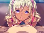  1girl baka_dakedo_chinchin_shaburu_no_dake_wa_jouzu_na_chii-chan blonde_hair blush bulge camisole dark_skin eyebrows eyebrows_visible_through_hair game_cg gyaru hair_ribbon hamashima_shigeo kogal long_hair looking_at_viewer muroto_kouta nail_polish pink_nails pov purple_eyes ribbon shiina_chieri smile sweat twintails 