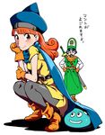  1girl alena_(dq4) annoyed belt blue_cape blue_hat boots cape clift dragon_quest dragon_quest_iv dress gloves green_coat green_hat hand_on_own_arm hands_on_hips hat highres nakahara_kaihei orange_footwear orange_hair pantyhose shadow slime smile squatting sword translated weapon yellow_dress 