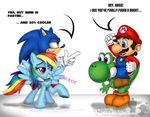  blue_feathers dialogue equine feathered_wings feathers female feral forusu_(artist) friendship_is_magic fur hair hedgehog horse human male mammal mario mario_bros multicolored_hair my_little_pony nintendo pegasus pony rainbow_dash_(mlp) rainbow_hair scalie smile sonic_(series) sonic_the_hedgehog text video_games wings yoshi 