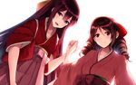  akabane_rin blush bow bright_background brown_hair drill_hair gradient_hair hair_bow hakama harukaze_(kantai_collection) japanese_clothes kamikaze_(kantai_collection) kantai_collection kimono long_hair long_sleeves looking_at_viewer multicolored_hair multiple_girls open_mouth pink_hakama pink_kimono purple_eyes purple_hair red_bow red_eyes red_hakama smile tasuki twin_drills wide_sleeves 