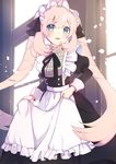  ameshizuku_natsuki apron black_dress blonde_hair blue_eyes colored_eyelashes dress dress_lift fate/grand_order fate_(series) indoors juliet_sleeves light_particles light_rays long_hair long_sleeves looking_at_viewer maid maid_apron maid_headdress marie_antoinette_(fate/grand_order) open_mouth parted_lips puffy_sleeves solo twintails window 