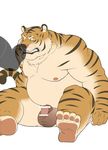  2016 4_toes angry anthro balls belly biceps big_balls censored clenched_teeth duo eto1212 feet feline flaccid foot_fetish foot_on_face foot_sniffing fur humanoid_feet humiliation male mammal musclegut nude orange_fur overweight penis simple_background sitting solo_focus stripes teeth tiger toes white_background 