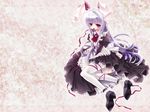  animal_ears apron bunny_ears capura_lin high_heels highres long_hair lying maid maid_headdress purple_hair red_eyes reisen_udongein_inaba ribbon shoes solo thighhighs touhou 