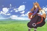  :d animal_ears apple basket boots brown_hair carrying cloud day dress food fruit fur_trim grass highres holo jewelry kuroda_kazuya long_hair mountain necklace official_art open_mouth outdoors pouch red_eyes scan sky smile solo spice_and_wolf standing tail vest wolf_ears wolf_tail 