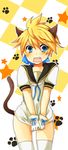  animal_ears blonde_hair blue_eyes bottomless cat_ears cat_tail fang gloves highres kagamine_len kemonomimi_mode magical_nuko-lenlen_(vocaloid) male_focus paw_print solo star tail uyama_hajime vocaloid white_legwear 