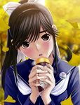  autumn bangs black_eyes black_hair blurry blush bow breath buttons day depth_of_field eating food hair_bow head_tilt heart highres leaf lips long_hair long_sleeves looking_at_viewer love_plus mino_tarou official_art outdoors ponytail school_uniform serafuku solo sweet_potato takane_manaka tree upper_body 