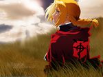  1boy blond blonde_hair braid cloud clouds edward_elric field fullmetal_alchemist highres light_rays male male_focus nature outdoors red sky solo sunbeam sunlight sunshine 