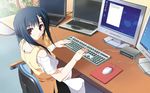  black_hair chair computer drink fingernails flower glass hair_ornament hairclip highres izumi_rikka keyboard_(computer) laptop leaf legwear_under_shorts looking_back monitor mouse_(computer) mousepad_(object) pantyhose plant primitive_link red_eyes shorts solo tsukimori_hiro wallpaper white_legwear 