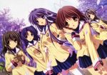  :d absurdres blue_eyes blue_hair brown_eyes brown_hair clannad fujibayashi_kyou furukawa_nagisa hair_bobbles hair_intakes hair_ornament hair_ribbon hairband hand_in_hair highres hikarizaka_private_high_school_uniform ibuki_fuuko ichinose_kotomi ikeda_kazumi multiple_girls official_art open_mouth ribbon sakagami_tomoyo school_uniform silver_hair smile starfish thighhighs two_side_up white_legwear zettai_ryouiki 