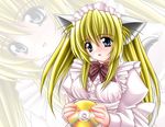  animal_ears blonde_hair blue_eyes bow cat_ears cd copyright_request highres maid solo tail tomoya_kankurou zoom_layer 