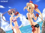  2girls bikini blonde_hair blue_eyes bow brown_hair cloud club_maniax gloves green_eyes long_hair makita_yoshiharu mangazoo maniax multiple_girls navel ocean plastic_dreamer ponytail sky swimsuit twintails water 