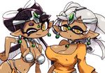  2girls aori_(splatoon) bad_id bad_twitter_id breasts cleavage commentary_request cosplay covered_nipples dark_skin dragon_quest dragon_quest_iv earrings hand_on_hip hotaru_(splatoon) jewelry large_breasts manya manya_(cosplay) metal_bikini minea minea_(cosplay) mole mole_under_eye multiple_girls navel off_shoulder one_eye_closed pointy_ears simple_background smile splatoon_(series) splatoon_1 tentacle_hair white_background yuta_agc 