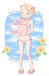  1girl 2016 a_kun ball bikini blonde_hair child cloud earring eyebrows eyebrows_visible_through_hair female flower hair_bobbles hammer_and_sickle holding looking_at_viewer original sandels shiny shiny_hair shiny_skin side-tie_bikini sky solo standing sunflower swimsuit toes 