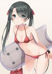  ass_visible_through_thighs bare_arms bare_shoulders behind_back beige_background bikini blush breasts closed_mouth collarbone green_eyes green_hair hair_ribbon holding kantai_collection leaning_forward long_hair looking_at_viewer mikuma_(kantai_collection) navel red_bikini red_ribbon ribbon simple_background small_breasts solo stomach surfboard sweatdrop swimsuit twintails wristband yuzu-aki 