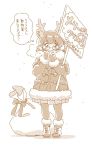  1girl antlers boots breath check_translation coat cold commentary_request cosplay eyebrows_visible_through_hair fur_trim glasses kemono_friends long_sleeves mitsumoto_jouji mittens monochrome one_erika original pantyhose pleated_skirt reindeer_(kemono_friends) reindeer_(kemono_friends)_(cosplay) reindeer_antlers sack short_hair sign skirt solo translation_request 
