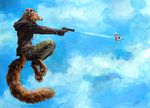  2016 angry anthro brown_body brown_fur bullet can claws clothed clothing cloud day fur gun handgun hoodie jumping kenket keys male mammal mustelid open_mouth outside painting_(artwork) pants pawpads paws pistol ranged_weapon shooting side_view sky solo traditional_media_(artwork) weapon weasel 