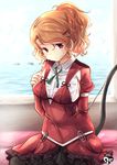 aquila_(kantai_collection) bow_(weapon) breasts brown_hair chize closed_mouth commentary_request hair_ornament hairclip kantai_collection long_hair long_sleeves looking_at_viewer medium_breasts miniskirt ponytail puffy_long_sleeves puffy_sleeves red_eyes sitting skirt solo wavy_hair weapon 