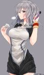  alternate_hairstyle artist_name badminton badminton_racket blue_eyes breasts breath edogawa_nao flying_sweatdrops grey_background grey_shirt highres kantai_collection kashima_(kantai_collection) large_breasts looking_at_viewer parted_lips profile racket shirt short_hair short_sleeves silver_hair simple_background solo sportswear standing sweatband sweatdrop thigh_gap visible_air 