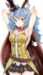  animal_ears armpits arms_behind_head arms_up belt black_skirt blue_hair blush breasts brown_cape brown_eyes camisole cape cleavage commentary_request cowboy_shot ear_piercing earrings erune ferry_(granblue_fantasy) granblue_fantasy halloween hat hoop_earrings jack-o'-lantern jewelry long_hair looking_at_viewer loose_belt medium_breasts miniskirt nyakonro_(nekonro) parted_lips piercing pointer sideboob single_earring skirt solo sweat top_hat wavy_hair white_background 