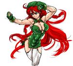  abs ahoge alternate_costume blue_eyes braid breasts cleavage cleavage_cutout clenched_hands cowboy_shot dress fingerless_gloves gloves green_gloves green_hat hat highres hips hong_meiling impossible_clothes impossible_dress ledjoker07 long_hair looking_to_the_side medium_breasts muscle muscular_female pelvic_curtain red_hair shiny shiny_skin short_dress simple_background sketch solo thighs touhou twin_braids very_long_hair white_background white_legwear 