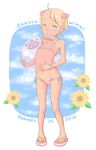  1girl 2016 a_kun ball bikini blonde_hair child cloud earring eyebrows eyebrows_visible_through_hair female flower hair_bobbles hammer_and_sickle holding looking_at_viewer navel original sandles shiny shiny_hair shiny_skin side-tie_bikini sky solo standing sunflower swimsuit tanline 