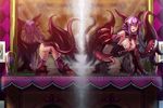  absurdres all_fours ass blush breasts claws dark_skin demon_wings detached_collar female from_behind gold_teeth highres horns jabberwock_(monster_girl_encyclopedia) large_breasts long_hair long_tongue looking_at_viewer mirror monster_girl monster_girl_encyclopedia purple_hair red_eyes rocknroll solo suggestive_fluid tongue tongue_out very_long_hair wings 