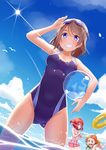  blue_eyes blush breasts brown_hair cloud collateral_damage_studios competition_swimsuit cyaron_(love_live!) day diffraction_spikes dutch_angle goggles goggles_on_head highres kurosawa_ruby looking_at_viewer love_live! love_live!_sunshine!! medium_breasts multiple_girls ocean one-piece_swimsuit open_mouth orange_hair red_hair salute short_hair sky smile swimsuit takami_chika two_side_up watanabe_you 